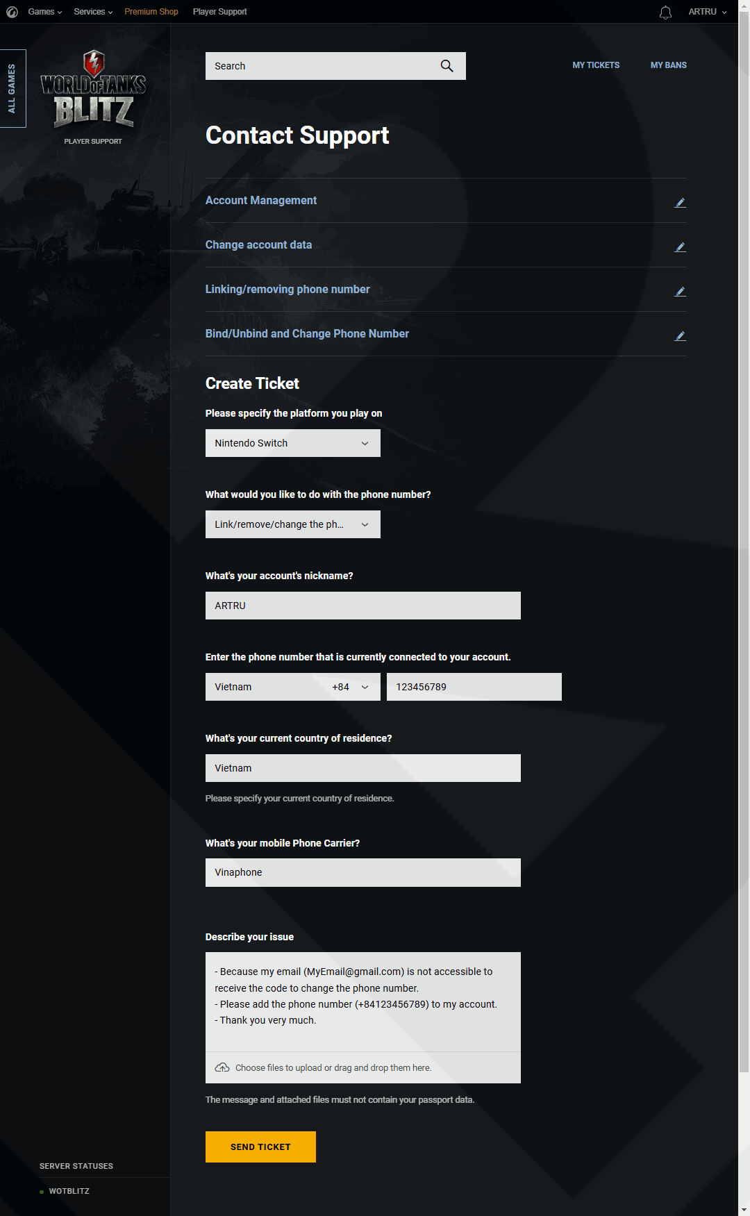 Fill in the Contact Support WOT Blitz information