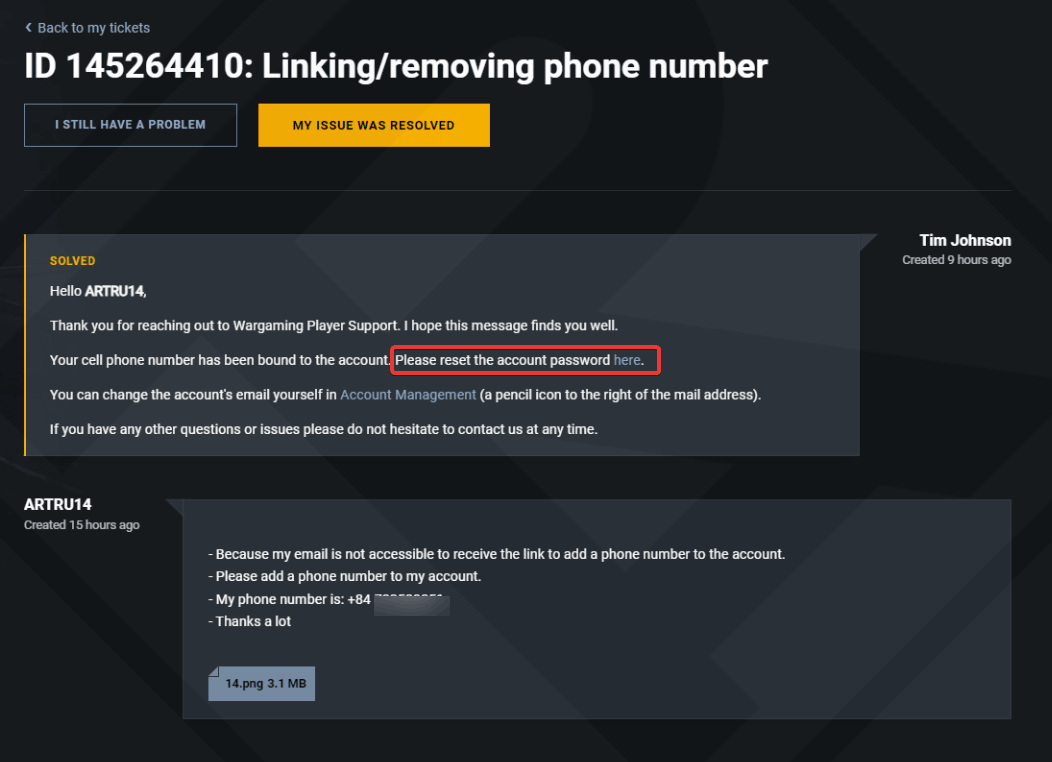 WOT Blitz phone number change ticket feedback